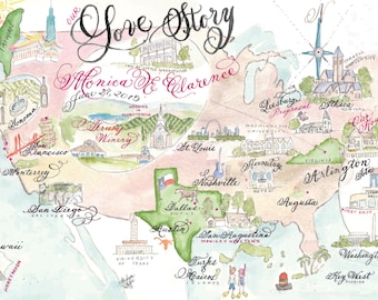 Wedding Map, "Love Story" Size Medium Custom and hand-painted