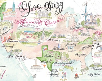 Wedding Map, "Love Story" Size Medium Custom and hand-painted