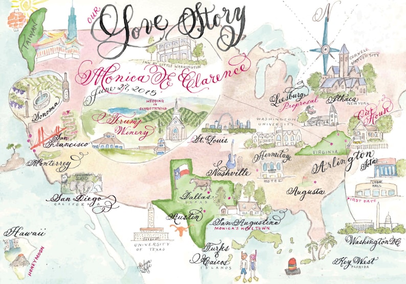 Wedding Map, Love Story Size Medium Custom and hand-painted image 1