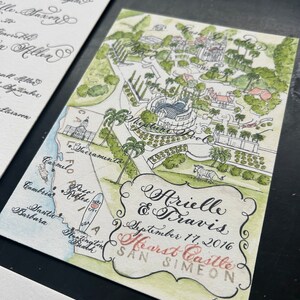 Calligraphy and black letterpress luxury wedding invitation with watercolor wedding map for a california wedding