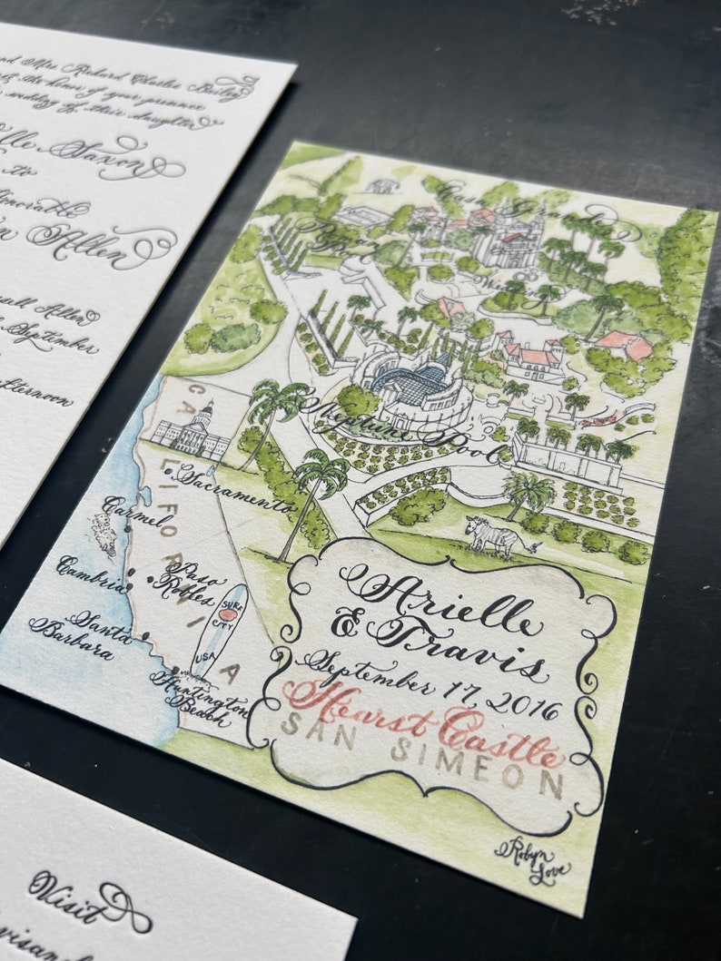 Calligraphy and black letterpress luxury wedding invitation with watercolor wedding map for a california wedding