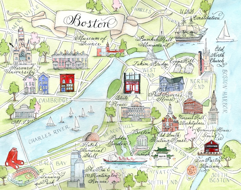 Carte de Boston, Massachusetts, aquarelle peinte à la main, impression de luxe en 5 x 7, 8 x 10, 11 x 14, 16 x 20 ou 18 x 24 pour l'encadrement image 2