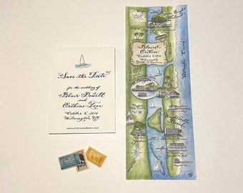 Save the Date or Wedding Invitation Watercolor and Calligraphy Map talk card design and prints