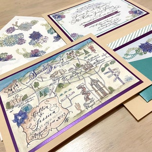 Faire-part de mariage carte amour n° 7 « Combe Magna », avec calligraphie et aquarelle. Peint et écrit à la main sur mesure avec illustration du lieu