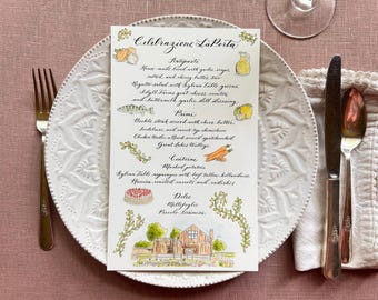 Wedding Custom Hand Calligraphy and Watercolor Menus with Food and Venue Illustrations - Hand Painted, One of a Kind