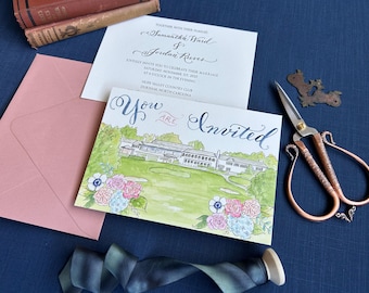 Custom Venue Watercolor Wedding Invitation with Hand Calligraphy - Hand Painted Illustration and Flowers for Each Order