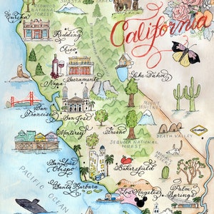 California Map, Hand-painted Watercolor, Luxury Print in 5 x 7, 8 x 10, 11 x 14, 16 x 20, or 18 x 24 for framing image 2