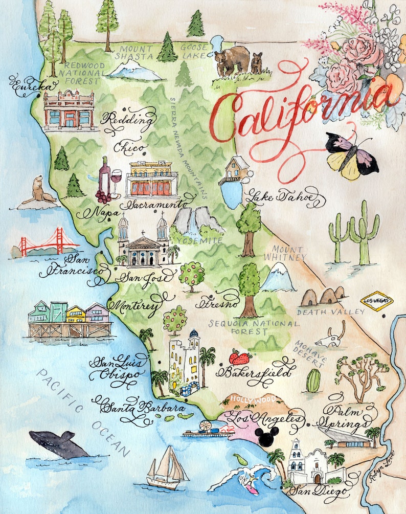 California Map, Hand-painted Watercolor, Luxury Print in 5 x 7, 8 x 10, 11 x 14, 16 x 20, or 18 x 24 for framing image 2