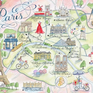 Paris map card, Watercolor and calligraphy Paris, France illustrated Map Card hand-painted