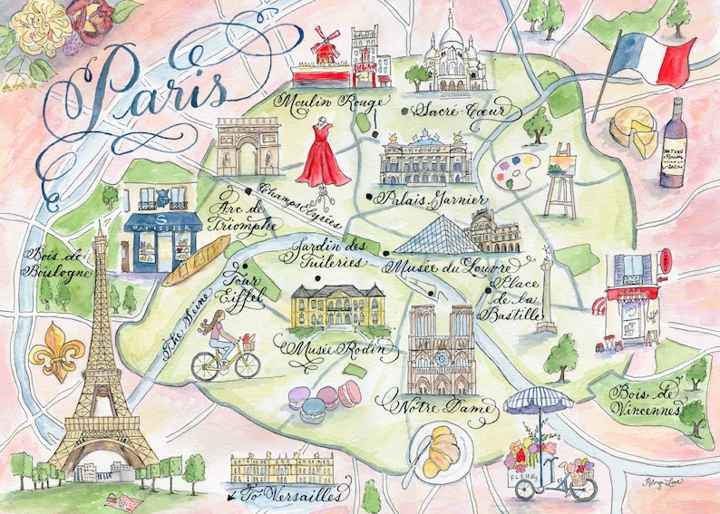 Paris map card, Watercolor and calligraphy Paris, France illustrated Map Card hand-painted