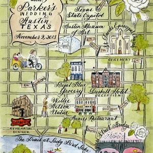 Mapa de boda en acuarela de Robyn Love, boda en Austin, Texas: tu mapa personalizado