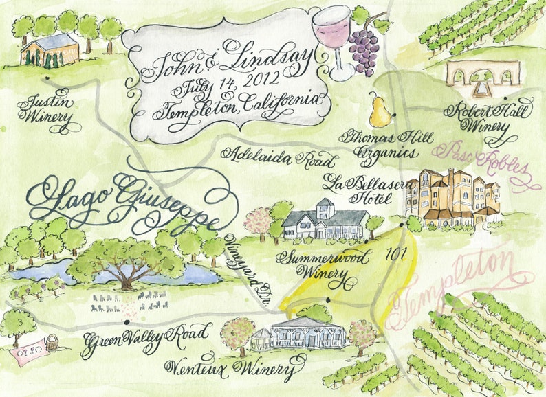 Santa Barbara, California Watercolor Wedding Map DIY, print at home or order prints image 4