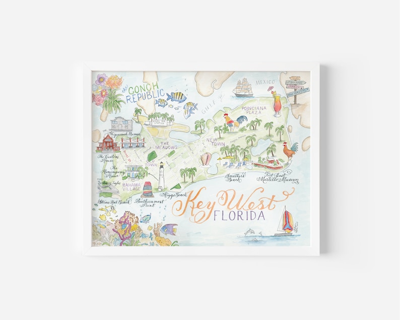 key west florida illustrated map card watercolor and calligraphy wedding invitations