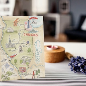 Tarjeta con mapa vintage de Illinois en acuarela: tarjeta individual, juego de 4 y caja de lujo con juego de 10