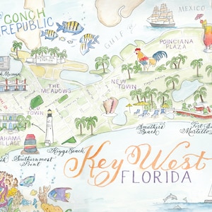 key west florida illustrated map card watercolor and calligraphy wedding invitations