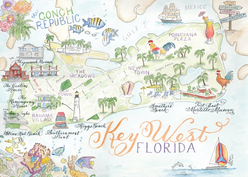 key west florida illustrated map card watercolor and calligraphy wedding invitations