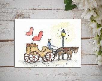 Watercolor Vintage Love Carriage New Orleans Downtown -- Single Card, Set of 4, Luxury Box Set of 10 and Bulk Packs
