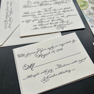 Calligraphy and black letterpress luxury wedding invitation with watercolor wedding map for a california wedding