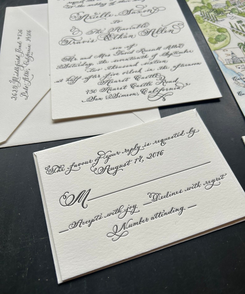Calligraphy and black letterpress luxury wedding invitation with watercolor wedding map for a california wedding