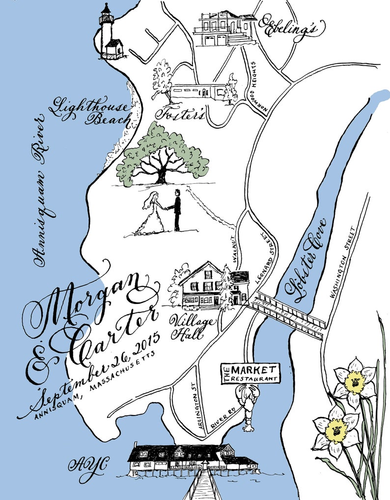 Calligraphy Black and White Wedding Map with colorized highlights Boston image 10