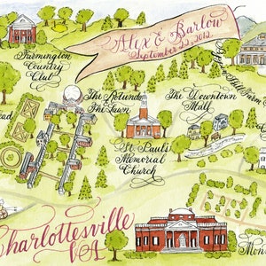 Charlottesville, Virginia Handgemalte Aquarell Hochzeitskarte, Save the Date, Jahrestagsgeschenk