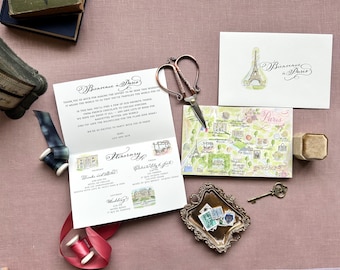 Custom Wedding Weekend Welcome Bifold Booklet with Watercolor Map and Hand Calligraphy Folded with Envelopes - Paris Map