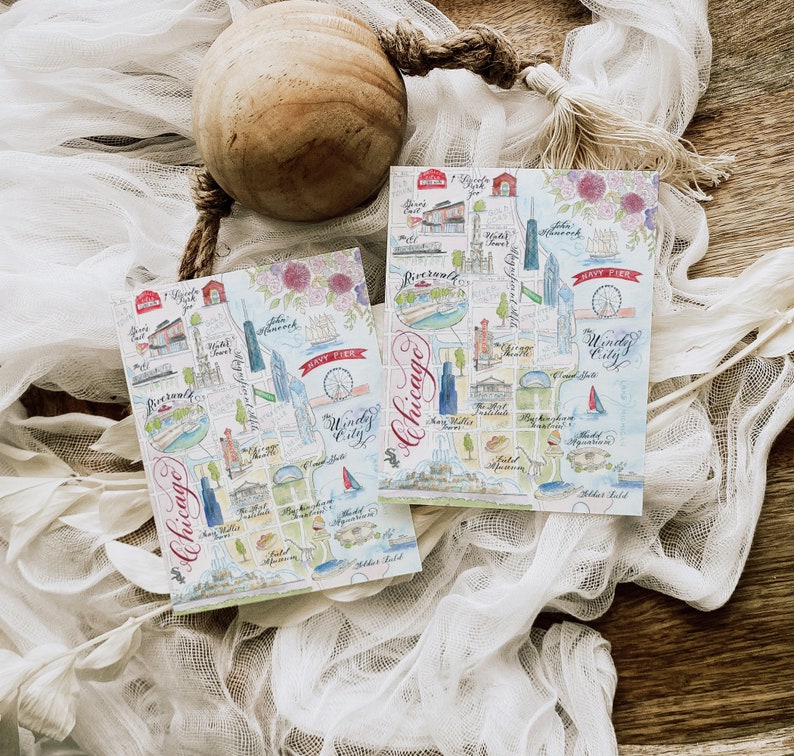 Calligraphy and watercolor illustrated chicago map cards wholesale souvenirs