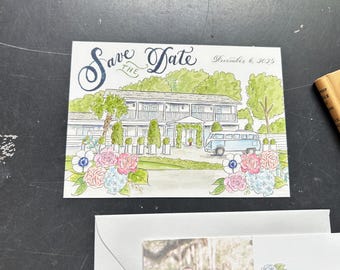 Save the Date Custom Venue Watercolor Illustration with Hand Calligraphy