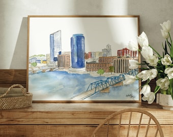 Grand Stromschnellen Stadt Skyline, Aquarell - Luxus-Druck in 13 x 18, 20 x 10 oder 11 x 14 Zoll