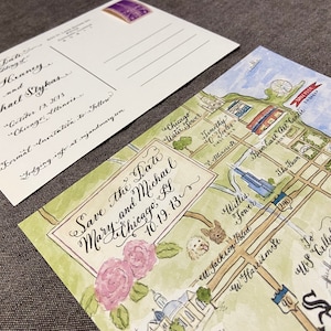 Diseño de postal con mapa caligráfico para guardar la fecha e impresiones: ilustración pintada a mano con acuarela