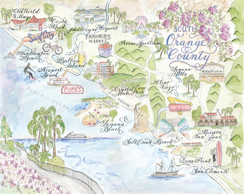 Carte vintage aquarelle d'Orange County, Californie -- Une carte, lot de 4 et coffret de luxe de 10 image 3