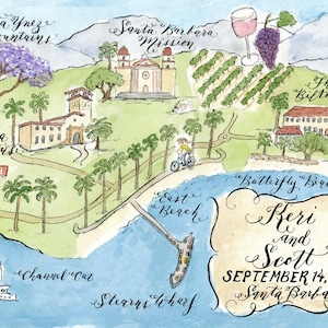 Santa Barbara, California Watercolor Wedding Map DIY, print at home or order prints image 2