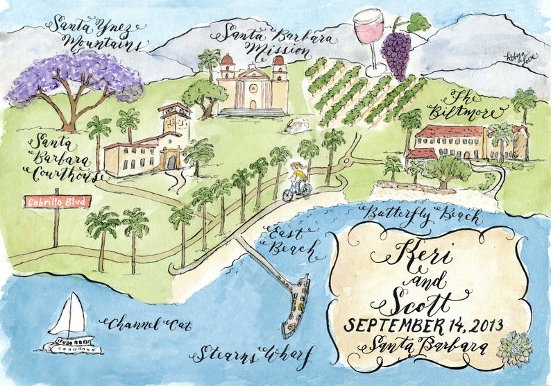 Santa Barbara, California Watercolor Wedding Map DIY, print at home or order prints image 2