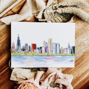 Chicago Watercolor Skyline (Condensed) Card -- hand-painted illustration-- Single Card, Set of 4, and Luxury Box Set of 10