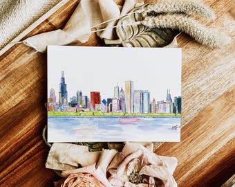 Tarjeta del horizonte de acuarela de Chicago (condensada): ilustración pintada a mano. Tarjeta individual, juego de 4 o 10.