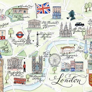 London watercolor map, illustrated map of London, England by Robyn Love Steele