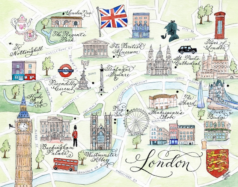 London watercolor map, illustrated map of London, England by Robyn Love Steele