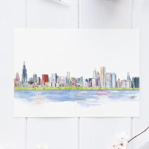 Chicago Watercolor Skyline Card -- hand-painted illustration-- Single Card, Set of 4, and Luxury Box Set of 10