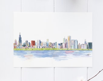 Tarjeta con el horizonte de Chicago en acuarela (ilustración pintada a mano), tarjeta individual, juego de 4 o 10
