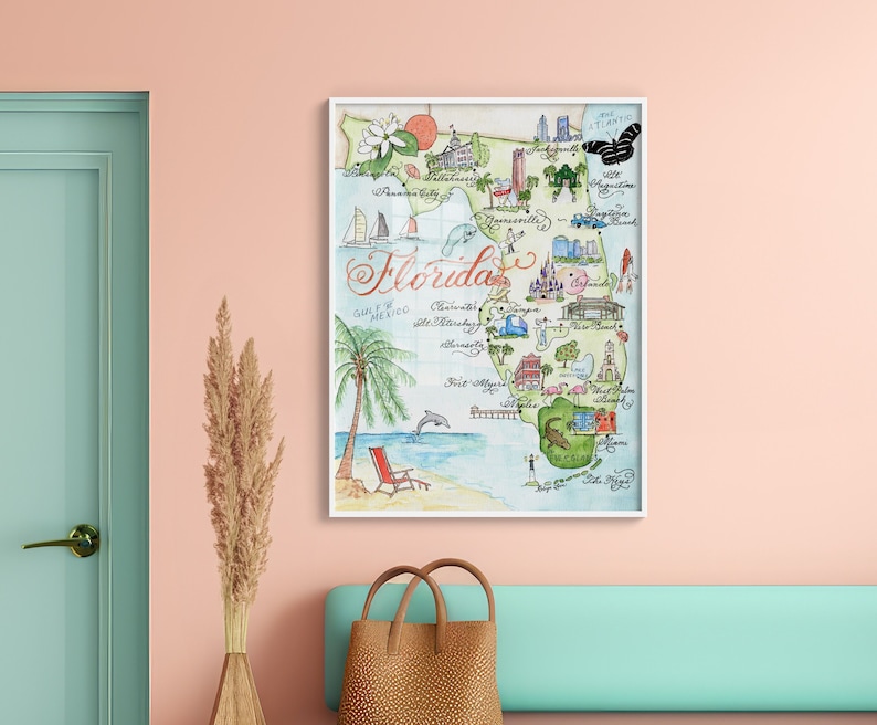 Florida wall art, Florida keepsake art, Florida watercolor map