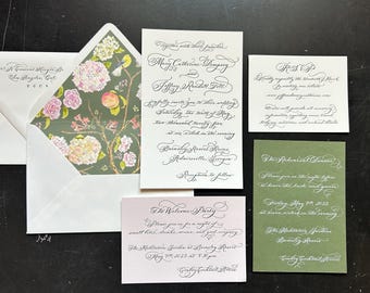 Letterpress Wedding Calligraphy Invitation on Duplex, Luxury Hand Calligraphy Invitation with Hand Painted Envelope Liner, "Barnsley"