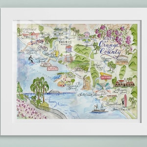 Carte du comté d'Orange du Sud, Californie, aquarelle peinte à la main, impression de luxe en 5 x 7, 8 x 10, 11 x 14, 16 x 20 ou 18 x 24 pour l'encadrement