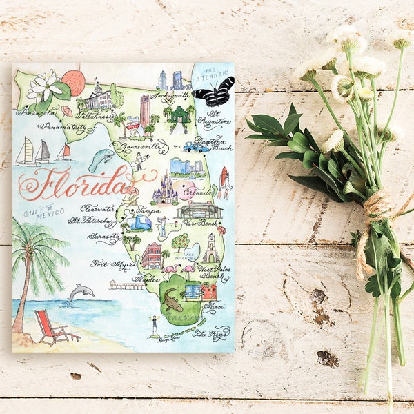 Watercolor Vintage Florida Map Card -- Single Card, Set of 4, and Luxury Box Set of 10