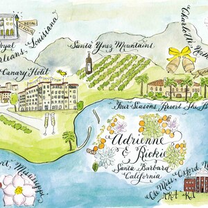 Santa Barbara, California Watercolor Wedding Map DIY, print at home or order prints image 1