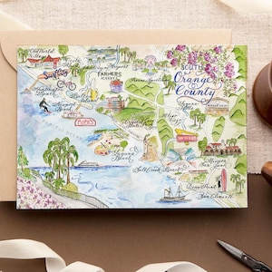 Cartão de mapa vintage aquarela do Condado de Orange, Califórnia - Cartão único, conjunto de 4 e caixa de luxo com 10