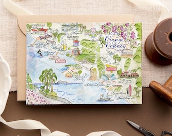 Watercolor Vintage Orange County, California Map Card -- Single Card, Set of 4 or 10