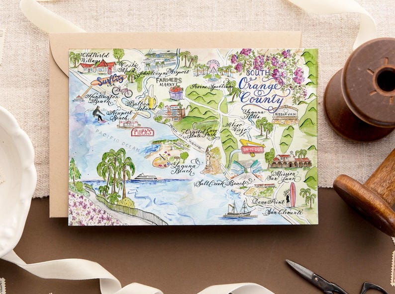 Carte vintage aquarelle d'Orange County, Californie -- Une carte, lot de 4 et coffret de luxe de 10 image 1