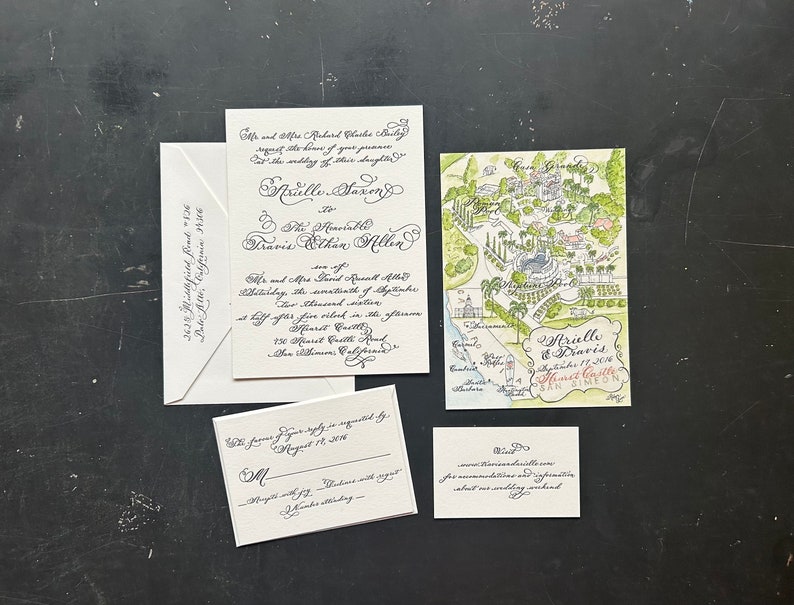 Calligraphy and black letterpress luxury wedding invitation with watercolor wedding map for a california wedding