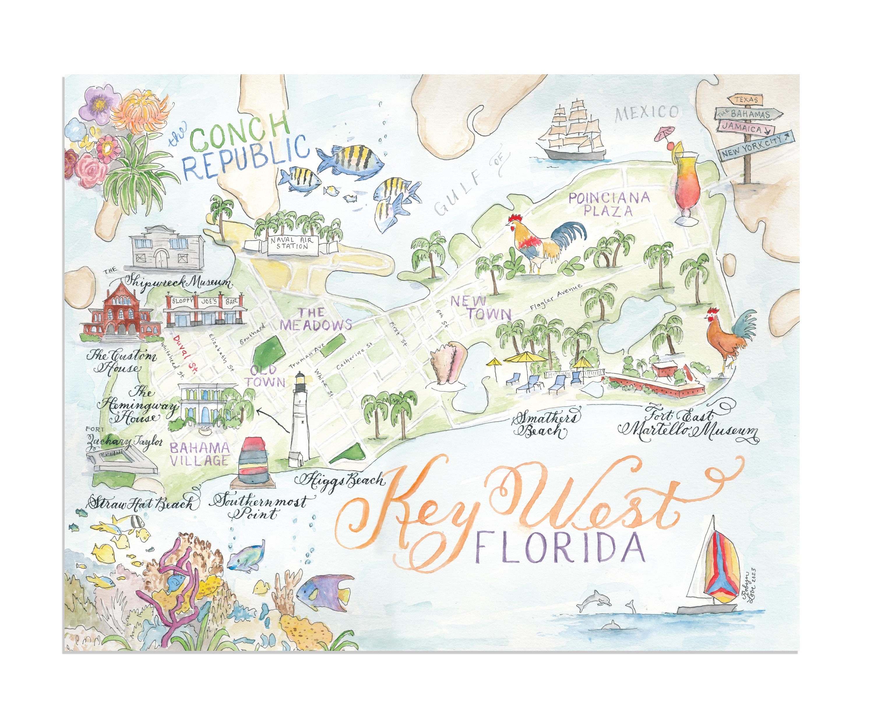 Watercolor Key West Florida Map - Il Fullxfull.5953891126 M2di