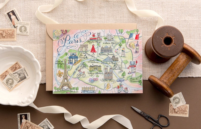 Paris map, watercolor and calligraphy map of Paris, France, illustrated map card from hand-painted original by Robyn Love Steele